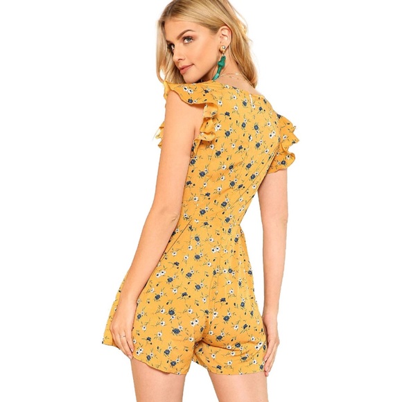 Ruffled Cap Sleeve Surplice V Neck Floral Romper - Picture 2 of 5